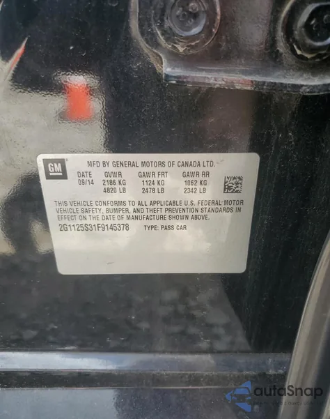 2015 Chevrolet Impala Lt из США, поврежденный, VIN 2G1125S31F9145378